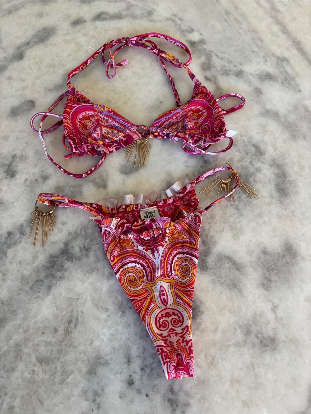 Tiger Mist Pink & Orange Paisley String Bikini with Gold Fringe